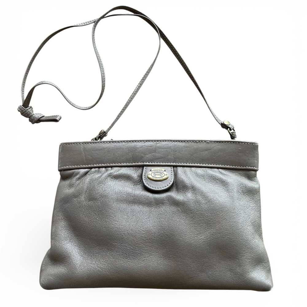 Vintage Etienne Aigner Gray Leather Shoulder Bag Purse with Brass Hardware